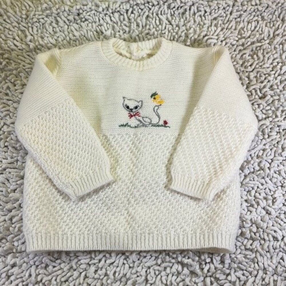 Adorable Infant Sweater featuring and embroidered cat and bird